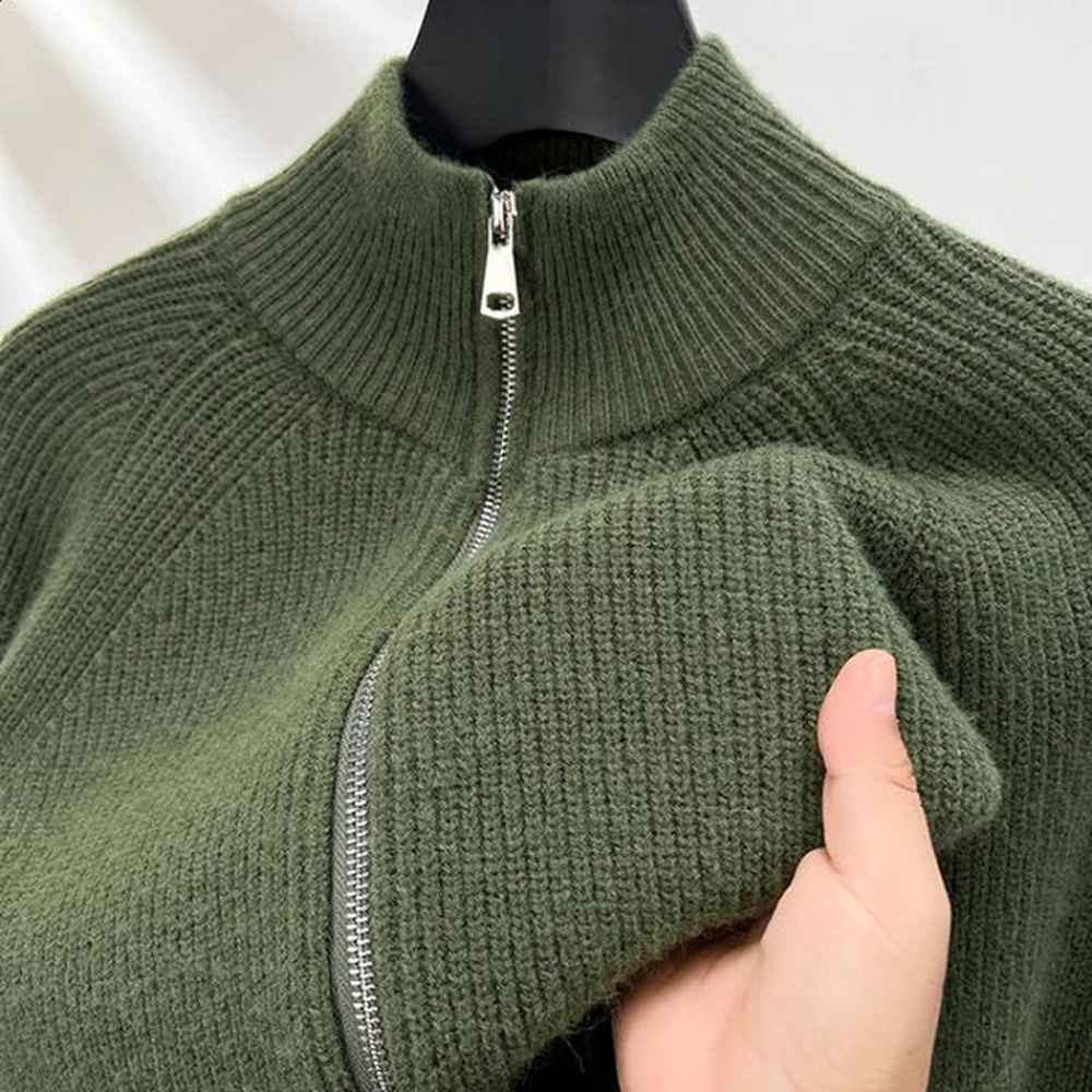 A semi turtleneck solid color mens cardigan with a zipper autumn and winter warm longsleeved sweater 241202