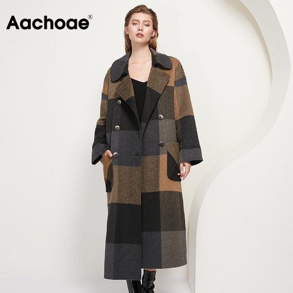 aachoae women vintage plaid woolen long coat with pockets double