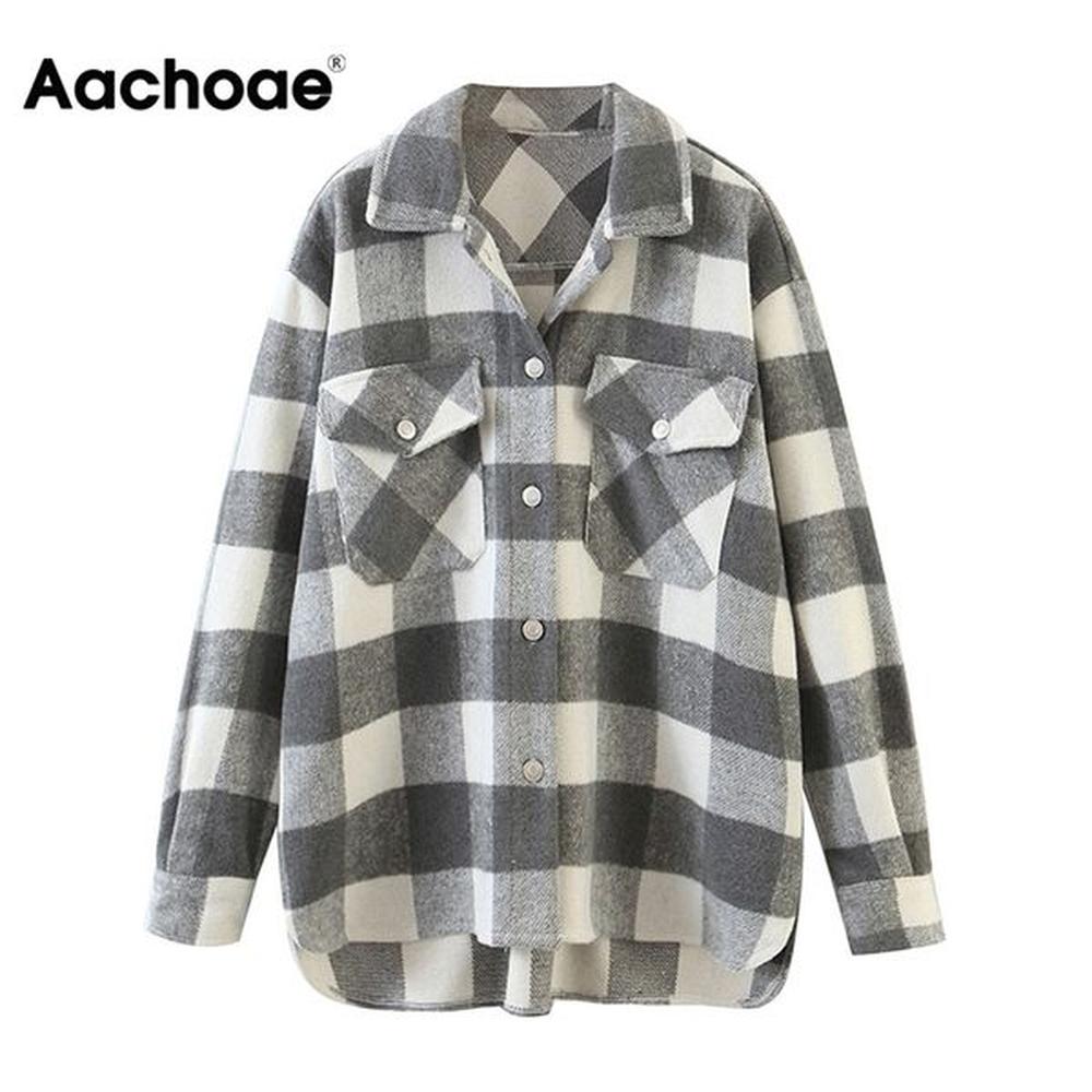 aachoae women vintage tweed plaid shirt jacket long sleeve single