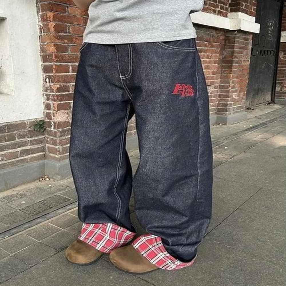 adagirl baggy plaid jeans pants women retro harajuku letter embroidery