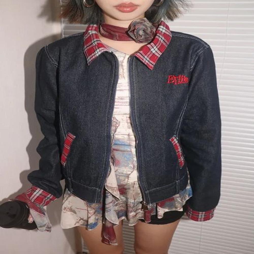adagirl denim blue jeans jackets for women plaid turndown collar