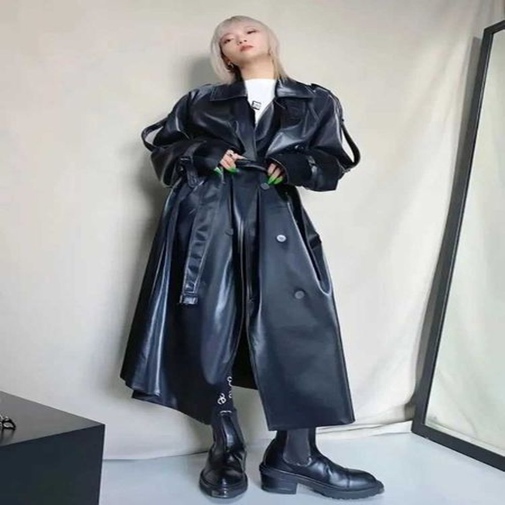 adagril black leather trench coat women retro biker long windbreak