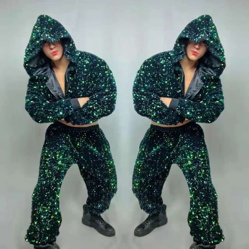Adult Male Green Sequins Hip Hop Dance Clothes Nightclub Bar Gogo Dancer Costume Glitter Hooded Jacket Pants Performance Outfits