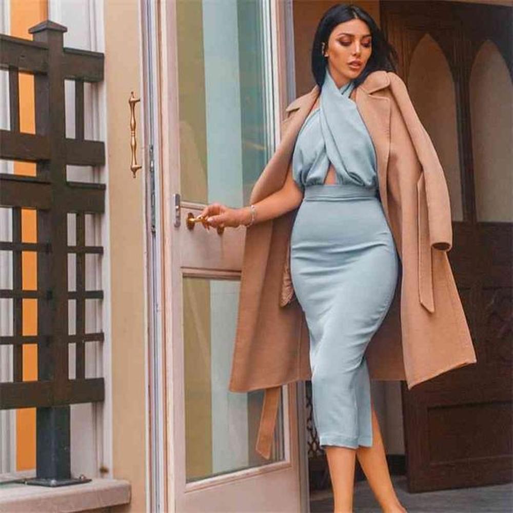adyce latest summer backless dress women celebrity blue halter hollow