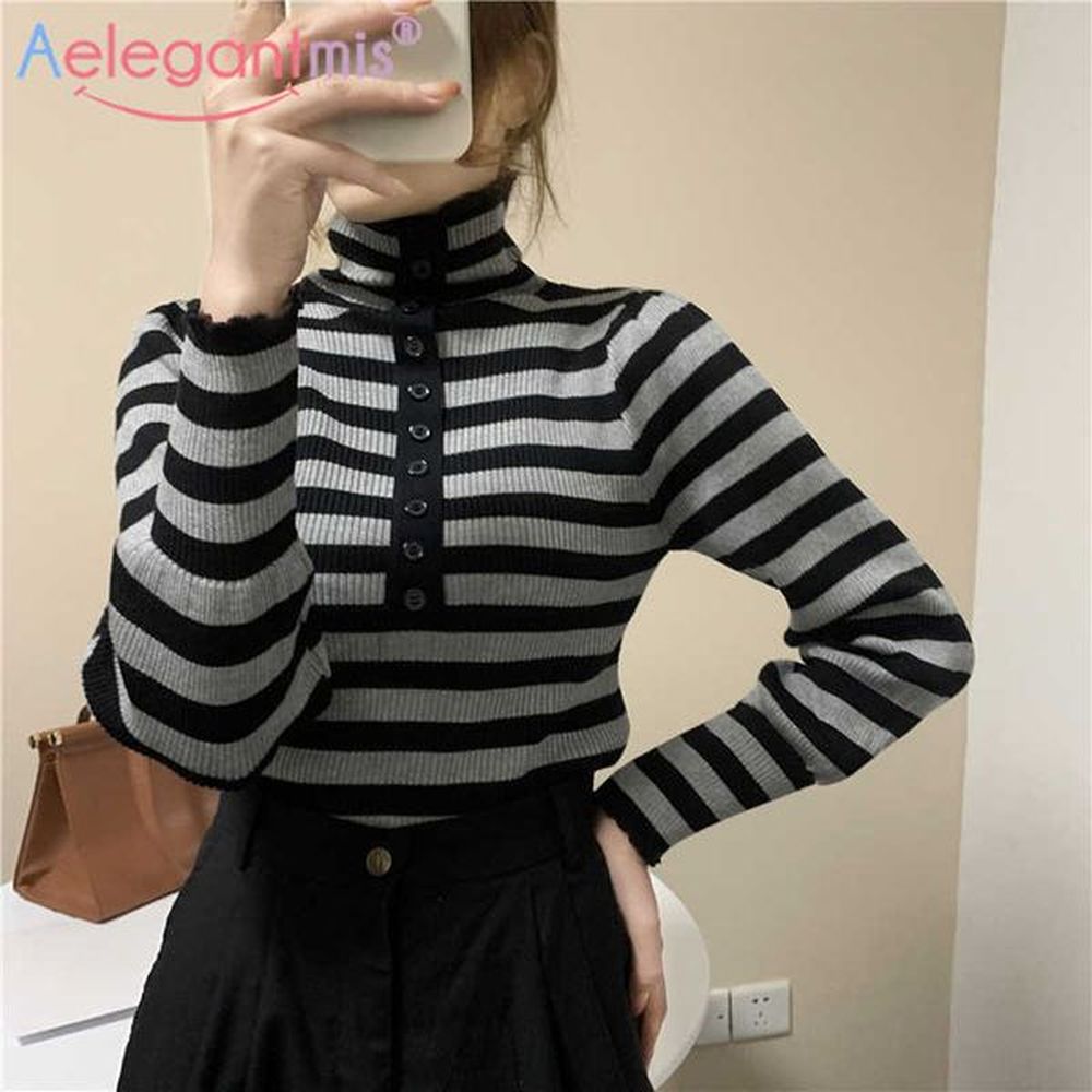 aelegantmis buttons turtleneck stipe pullover women puff sleeve slim thin