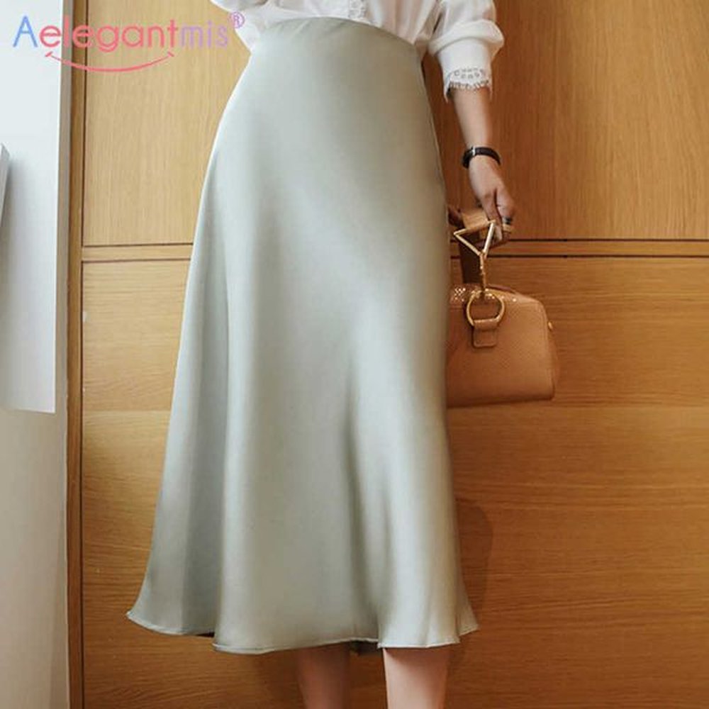aelegantmis high waist satin skirt women office lady elegant long