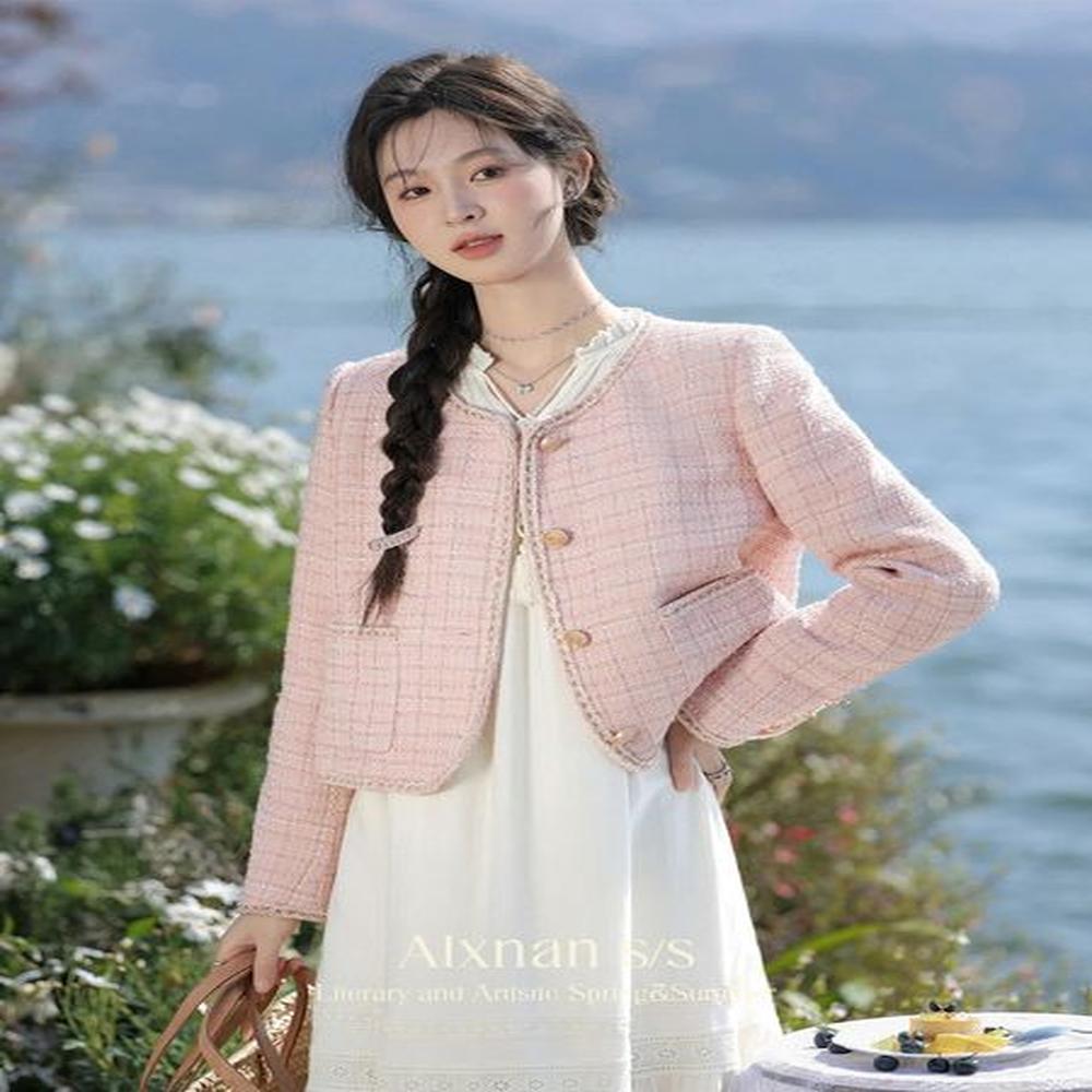 alxnan light pink gentle cropped tweed jacket woman autumn winter