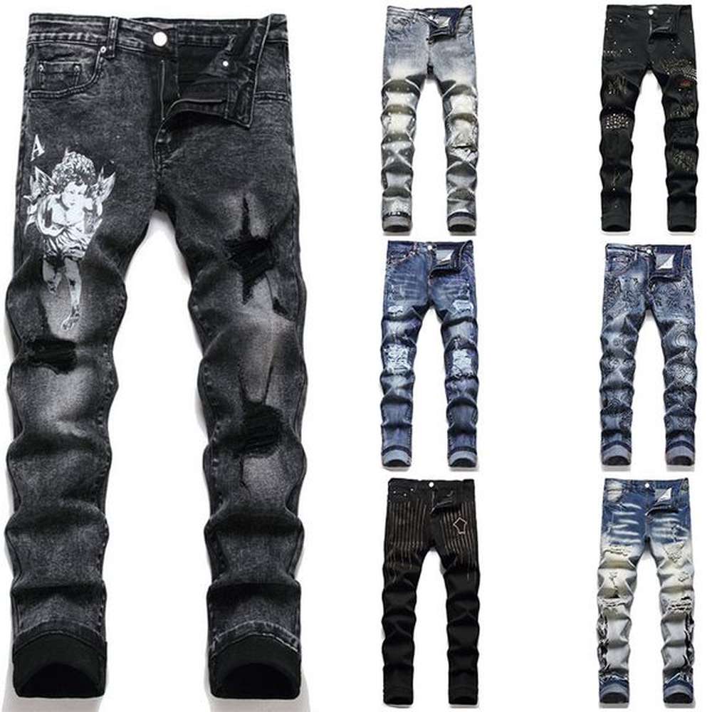 AM jeans designer jeans mens skinny jeans pants Long hippop Sticker letter Embroidery Slim Denim Straight streetwear Skinny pants wholesale