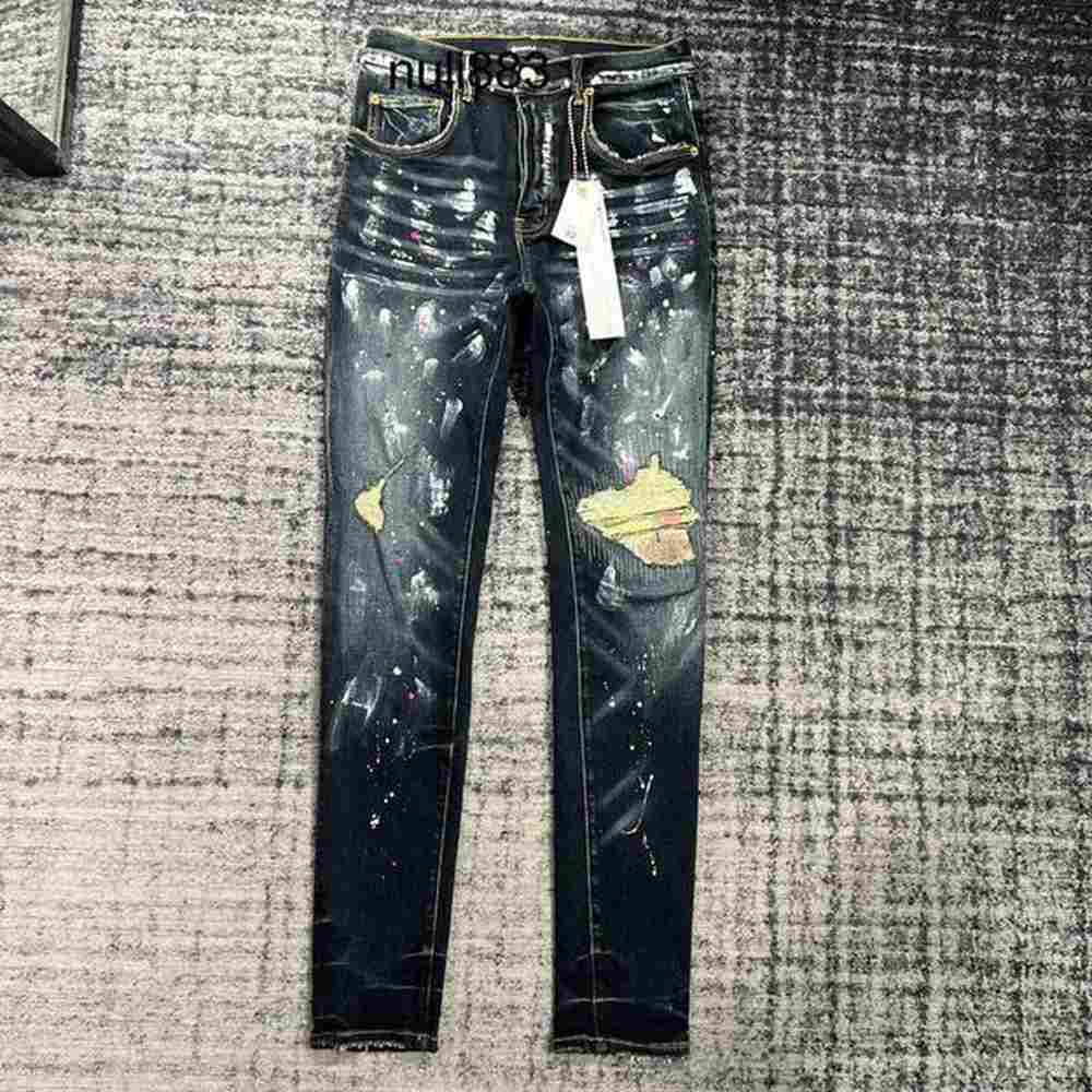 AM PURPLE BRAN*Mens Jeans European Jean Hombre Letter Star Men Embroidery Patchwork Ripped For Trend Brand Motorcycle Pant Mens Skinny SIZE