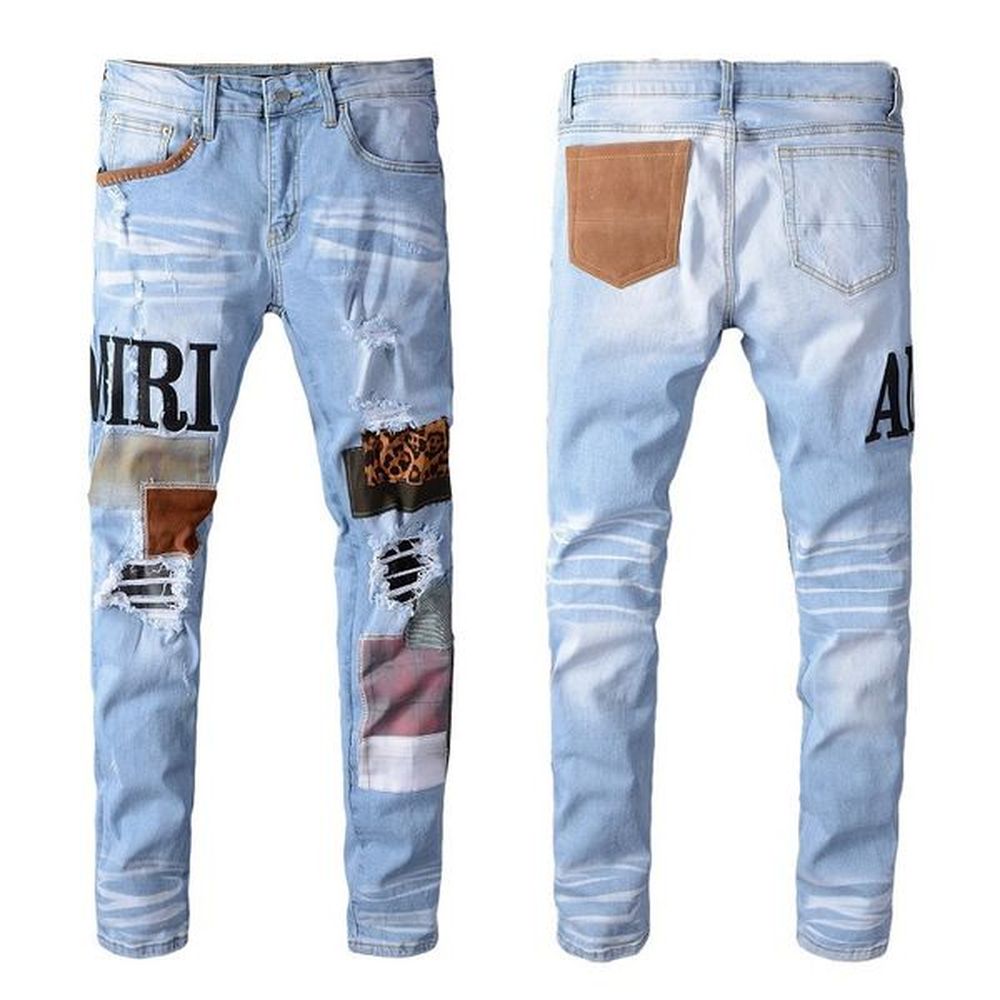 America Youth Fashion Light Blue Amiryes Embroidered Leopard Print Patch Elastic Slim Fit Hole Gradient Jeans Man Plus Size