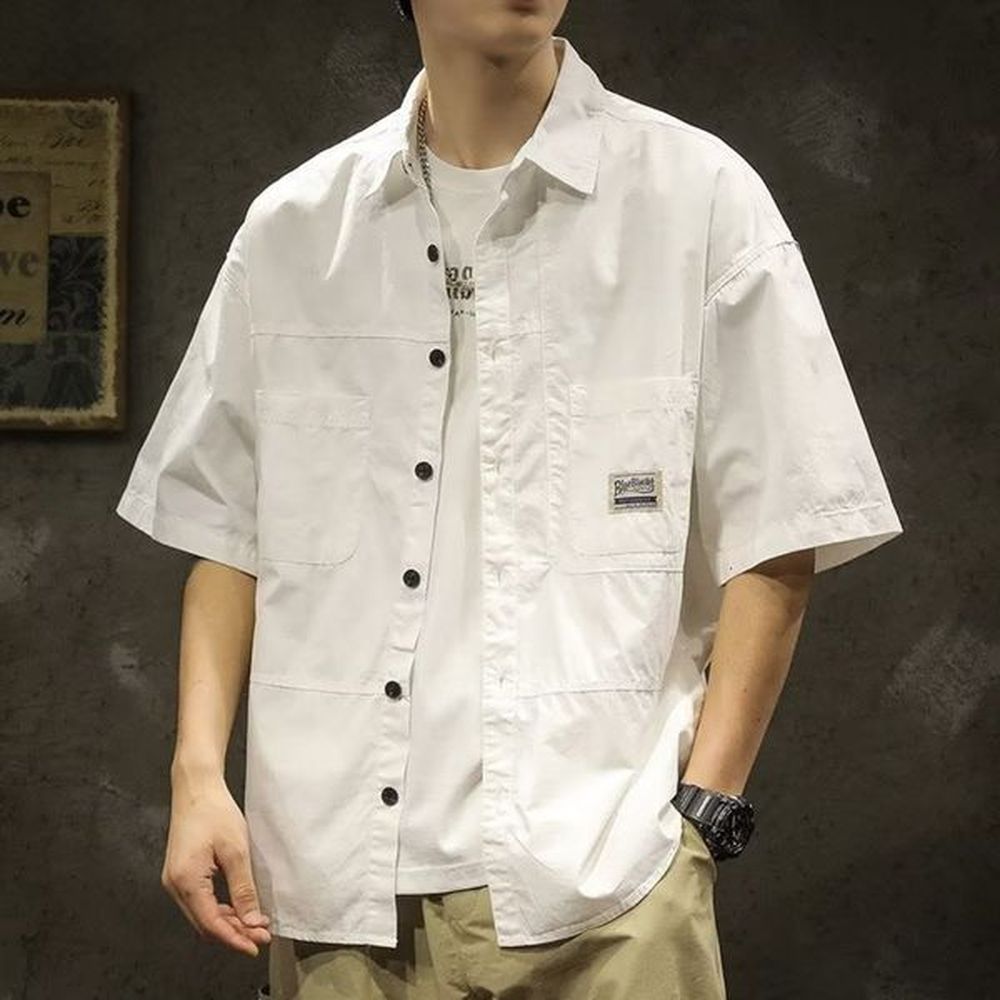 American Casual Short Sleeve Shirt For Men Summer Fashion Comfortable T-shirt High Street Plain Lapel blouses hombre 240816