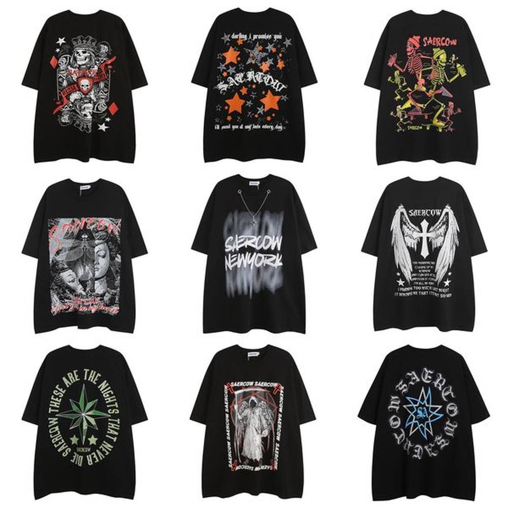 American Couple Cotton Crewneck Tee Graphic Printing Pullover Designer T Shirt Man Loose Black