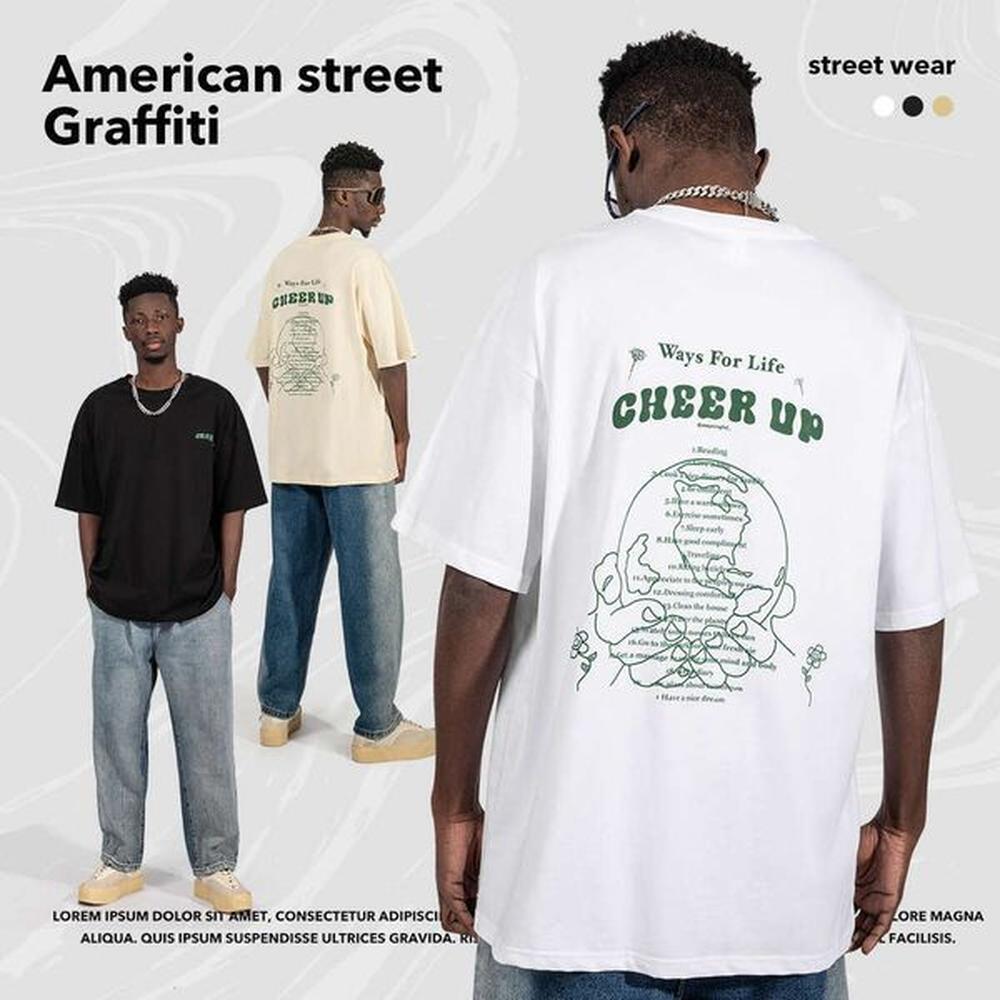 American Fashion Brand Short Sleeved Men's Loose Printed T-Shirt With Pure Cotton Round Neck For Couples, Fashionable And Classic Quali