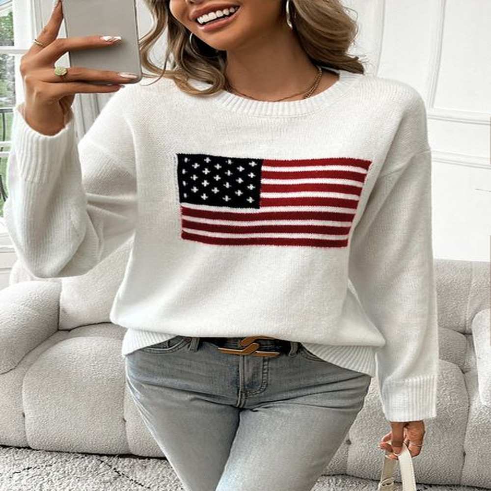 american flag crew neck long sleeve pullover womens sweater