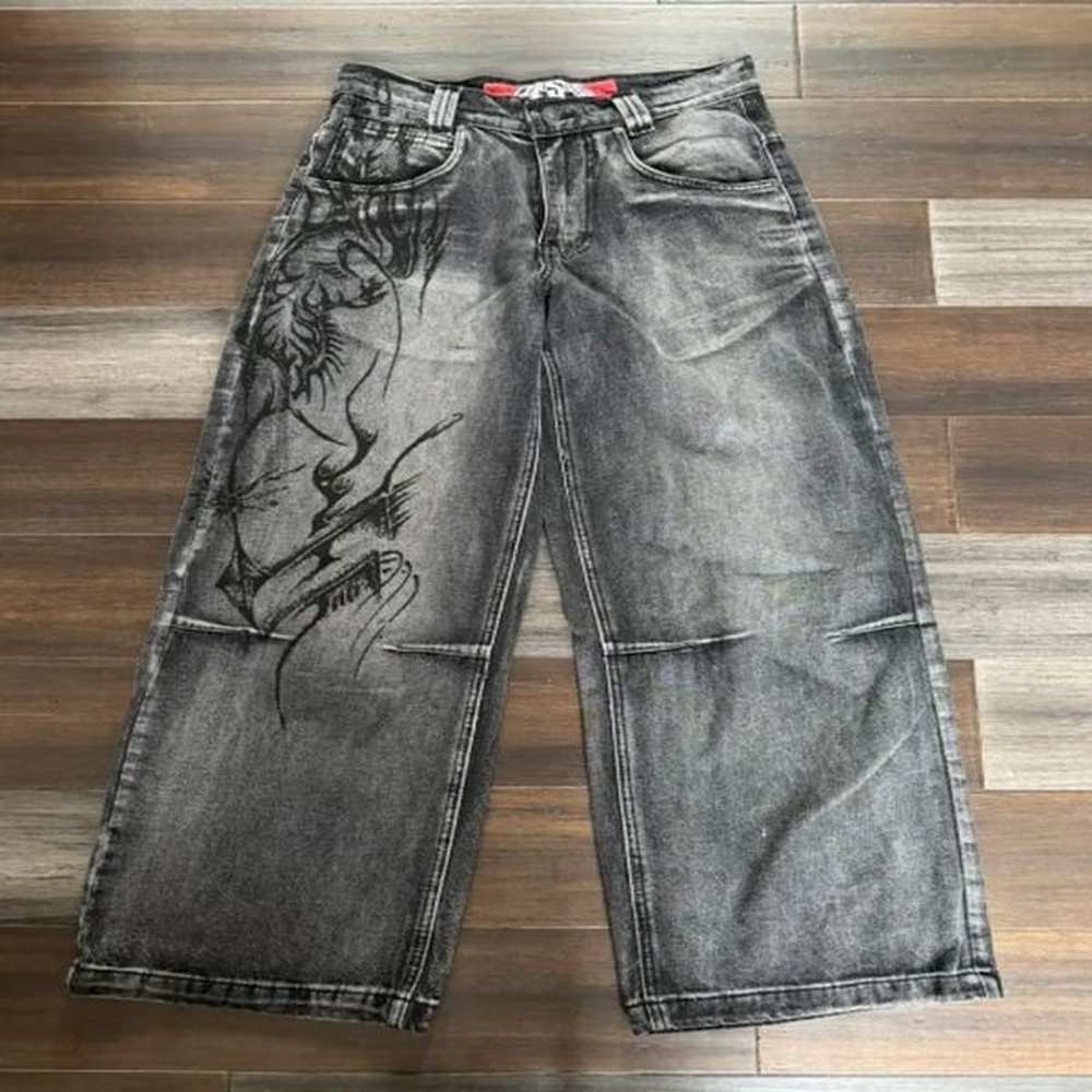 2024 American Harajuku Vintage Print Jeans Y2K Women Washed Gray Straight Pants Street Gothic Loose Unisex Trousers 240806