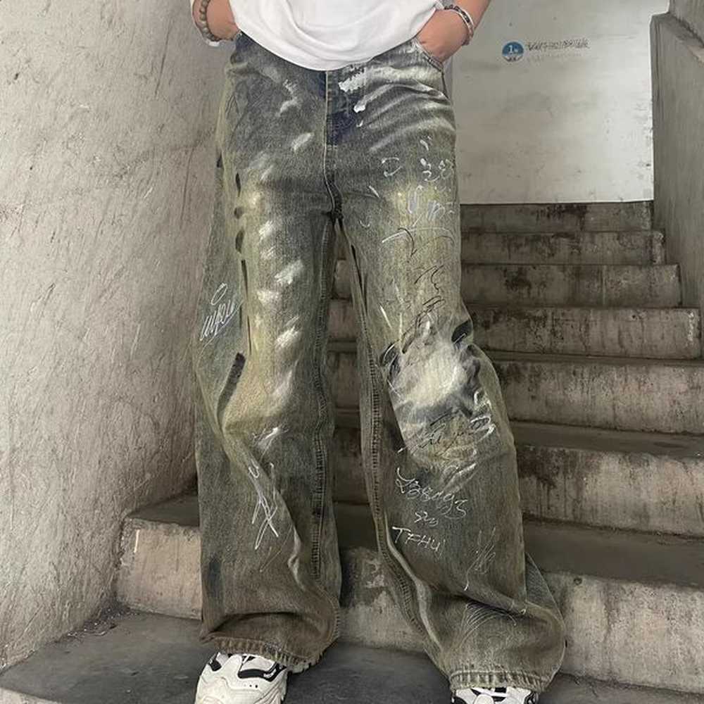 American high street trendy y2k men and women retro washed graffiti letter jeans straight tube loose wide leg casual pants 240805