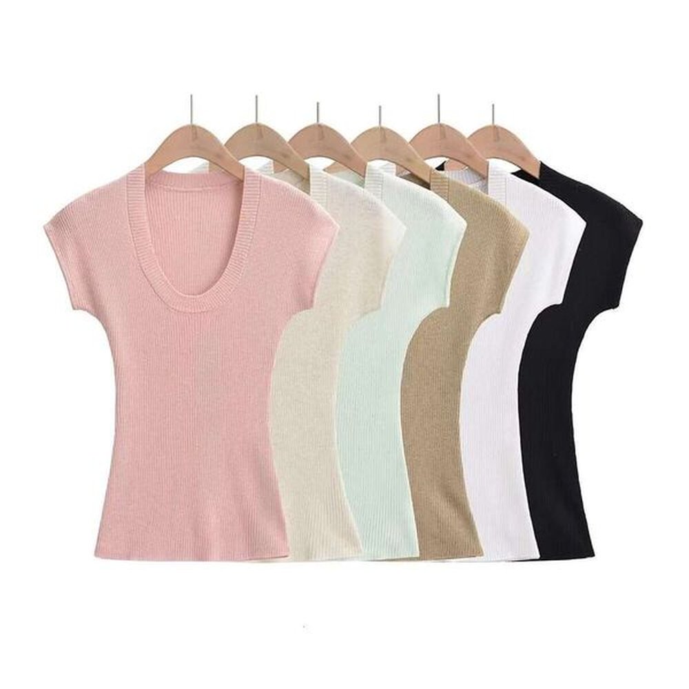 american ins summer uneck solid color thin short sleeved top