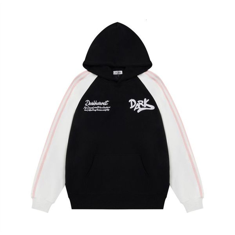 American letter embroidery contrasting shoulder striped hooded sweatshirt autumn men's loose trendy pullover sports hoodie e6