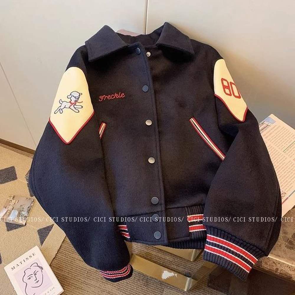american retro color contrast embroidered lapel baseball coat autumn