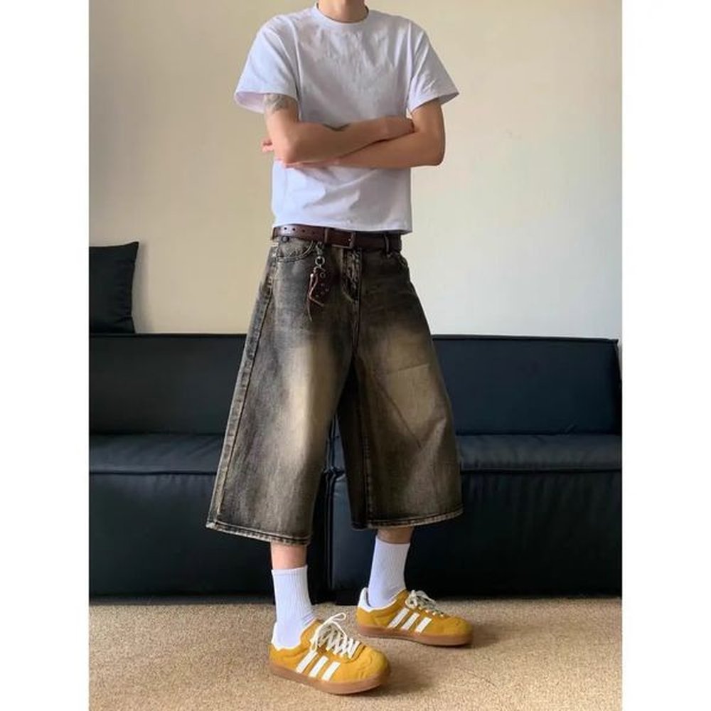 American retro cropped men wide leg jeans Y2k Gothic washed loose straight casual couple shorts sweatpants 250109