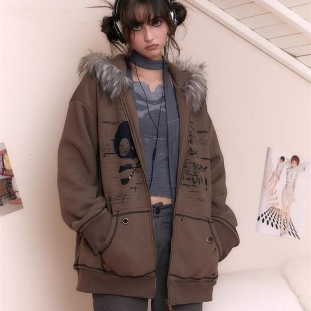 american retro fur collar hooded sweatshirt for women harajuku style