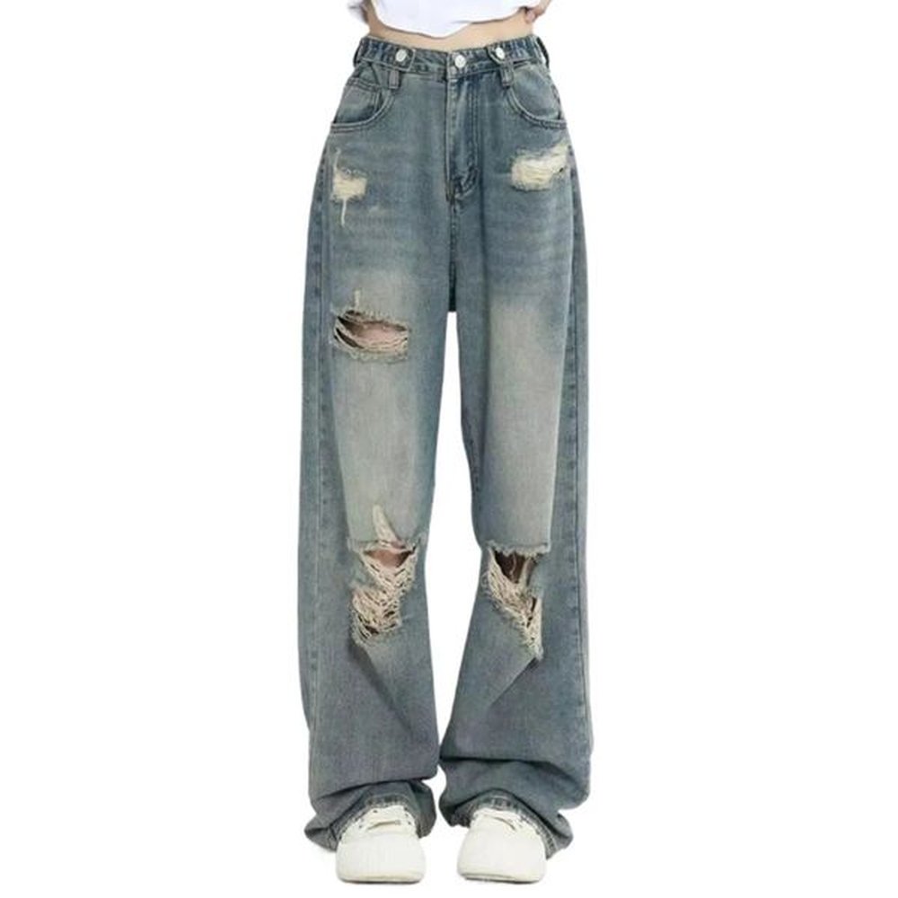 american retro holepunched jean high waist straightcrotch loose slim n