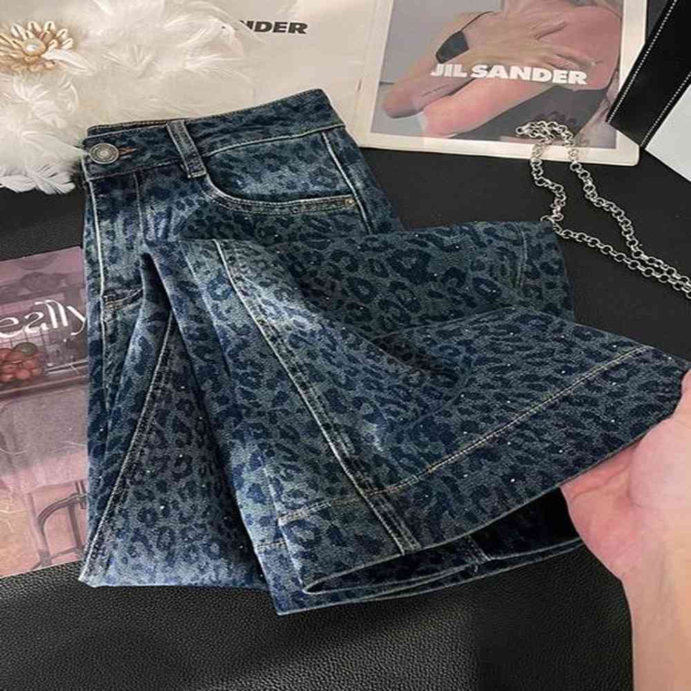 american retro leopard jeans female autumn and winter heavy industry
