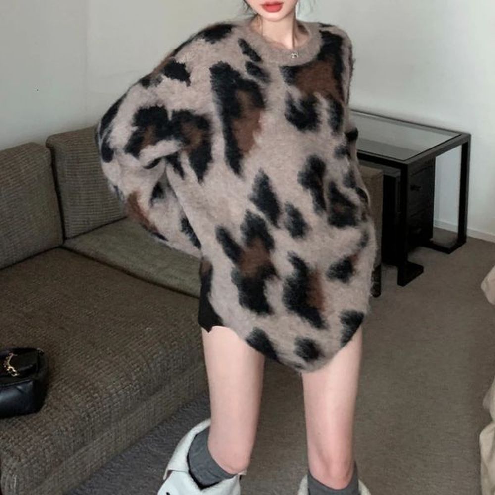 american retro leopard print jacquard cashmere long sleeved sweater for