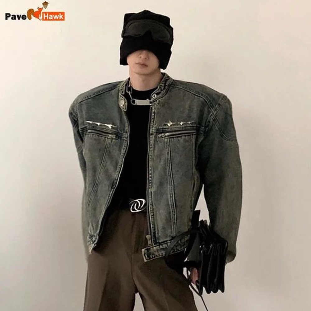 American retro washed denim jacket mens autumn Distress jacket mens top fashionable street zipper jacket 241127