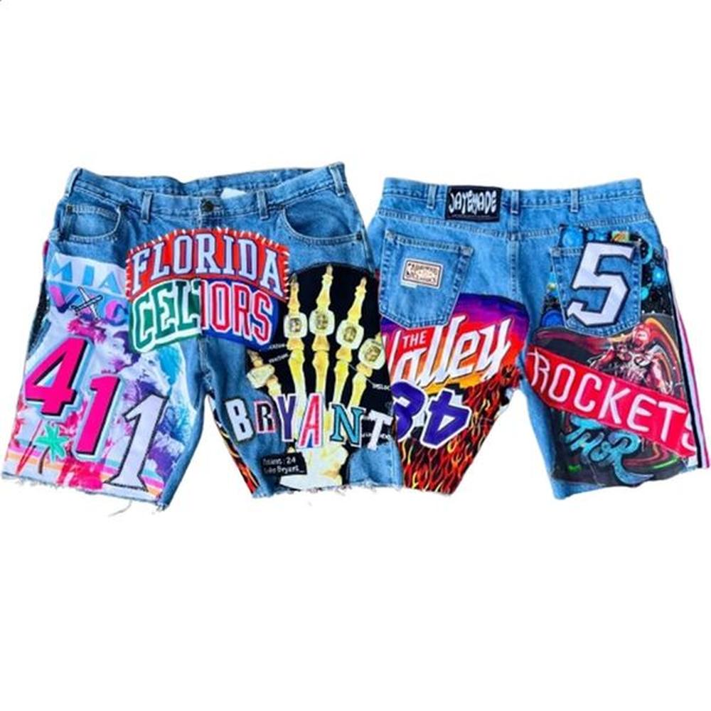 American Shorts Y2K Jeans Men Women Hip Hop Cartoon Pattern Patch Embroidery Retro Blue baggy Denim Fitness Shorts Casual Shorts 250110