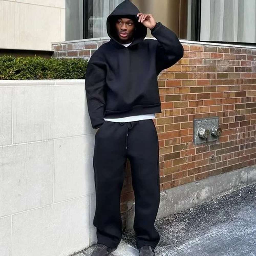 American street For Men Two Piece Fashion Solid Color Fleece Oversized Sweatshirt Suit Y2K Harajuku Hip Hop Slacks Jogging Pants 241231