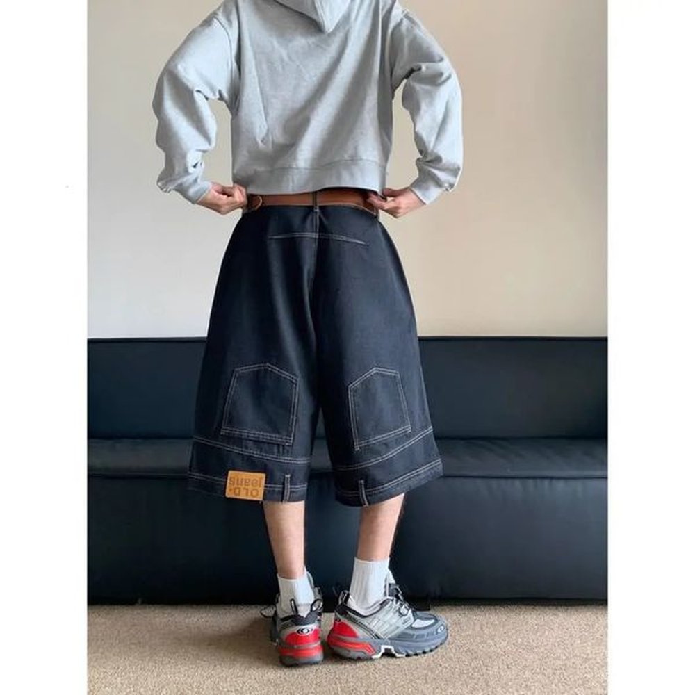 American style retro waistband inverted men denim shorts ins Gothic loose casual straight leg pants sweatpants 241224