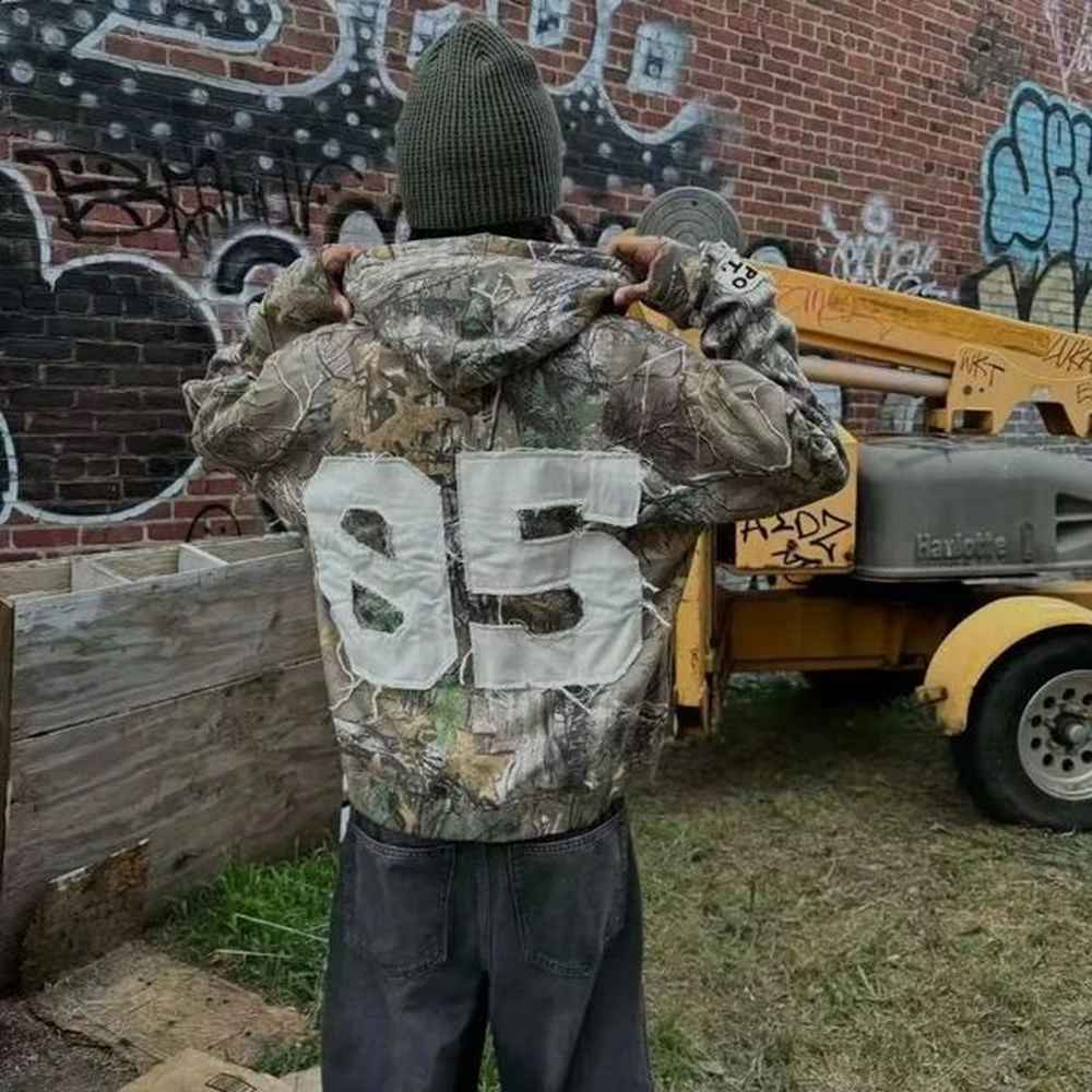 American Style Trendy Letter Embroidery Camouflage Pattern Oversized Hoodie Mens Y2k Street Harajuku Loose Zipper Sweatshirt 240815
