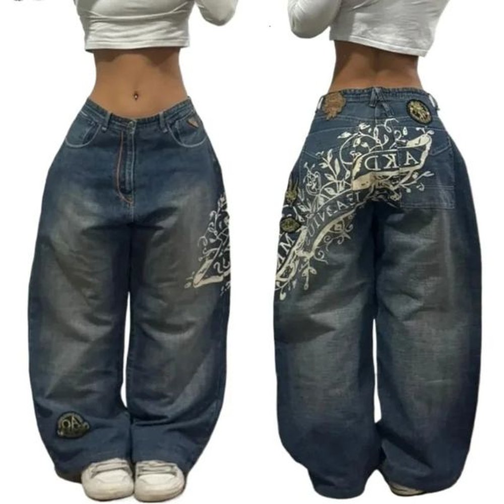 2024 American Trend Retro Hiphop Embroidery Pattern Baggy Jeans For Men And Women Y2K Harajuku Gothic Wide Pants Streetwear 250210