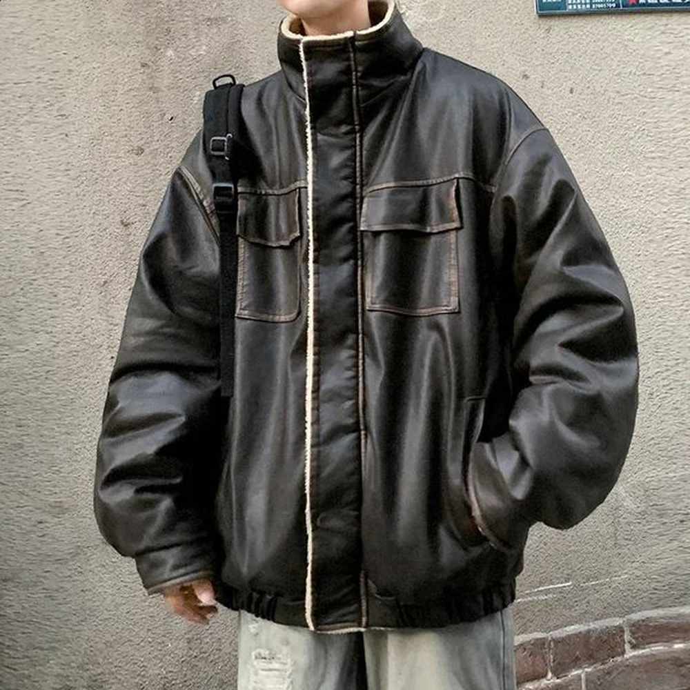 American Vintage Thicken Plus Velvet Pu Puffer Jacket Men Casual Warm Fleece Faux Leather Parkas Mens Winter Bubble Coats 241120