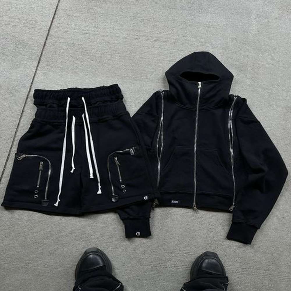 American Zip Hoodie Double Layer Shorts Suit Y2K Motorcycle Men Two Piece Set Hip Hop Zipper Retro Casual Short 241203