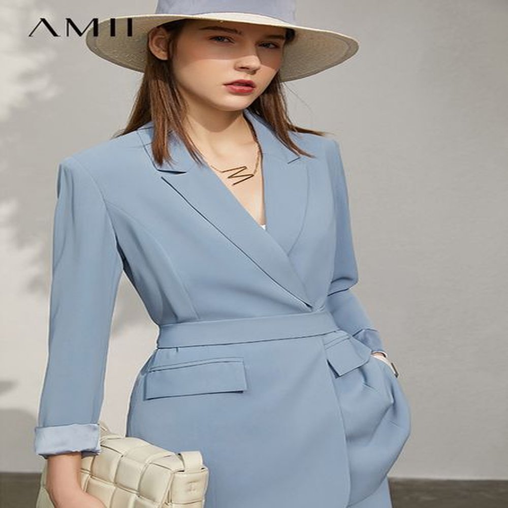 amii minimalism spring offical lady solid lapel full sleeve belt