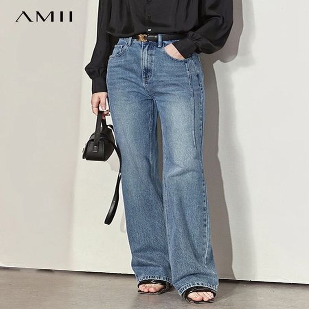 amii minimalism women jeans spring vintage denim loose wide