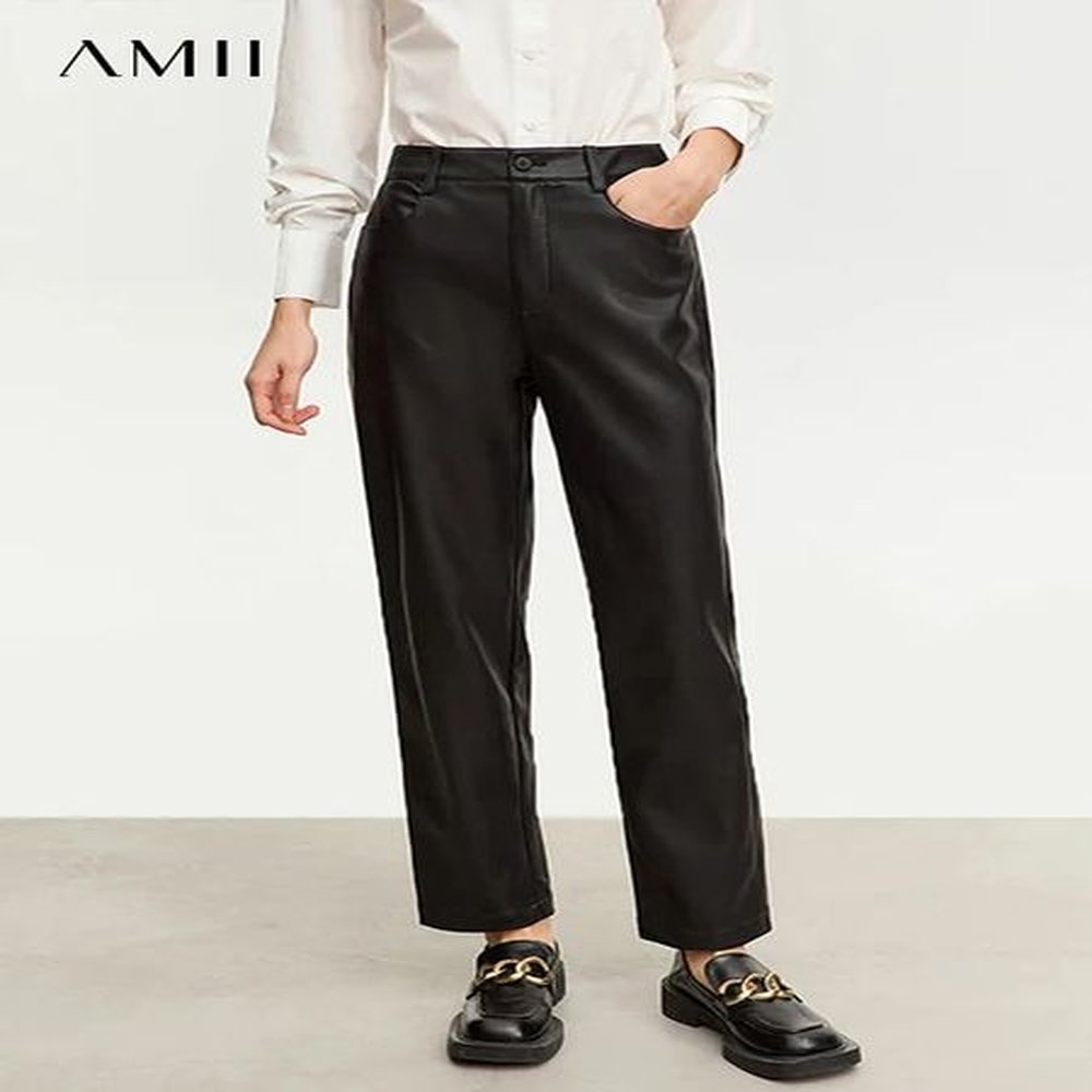 amii minimalist ankle strength casual womens pants winter pu leather