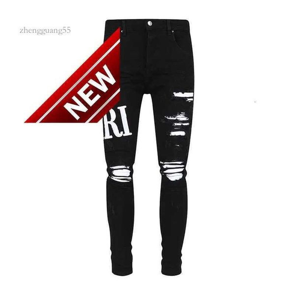 Amirjean Luxurys Designers Jeans Distressed France Fashion Pierre Straight Mens Biker Hole Stretch Denim Casual Jean Men Skinny Pants Elasti