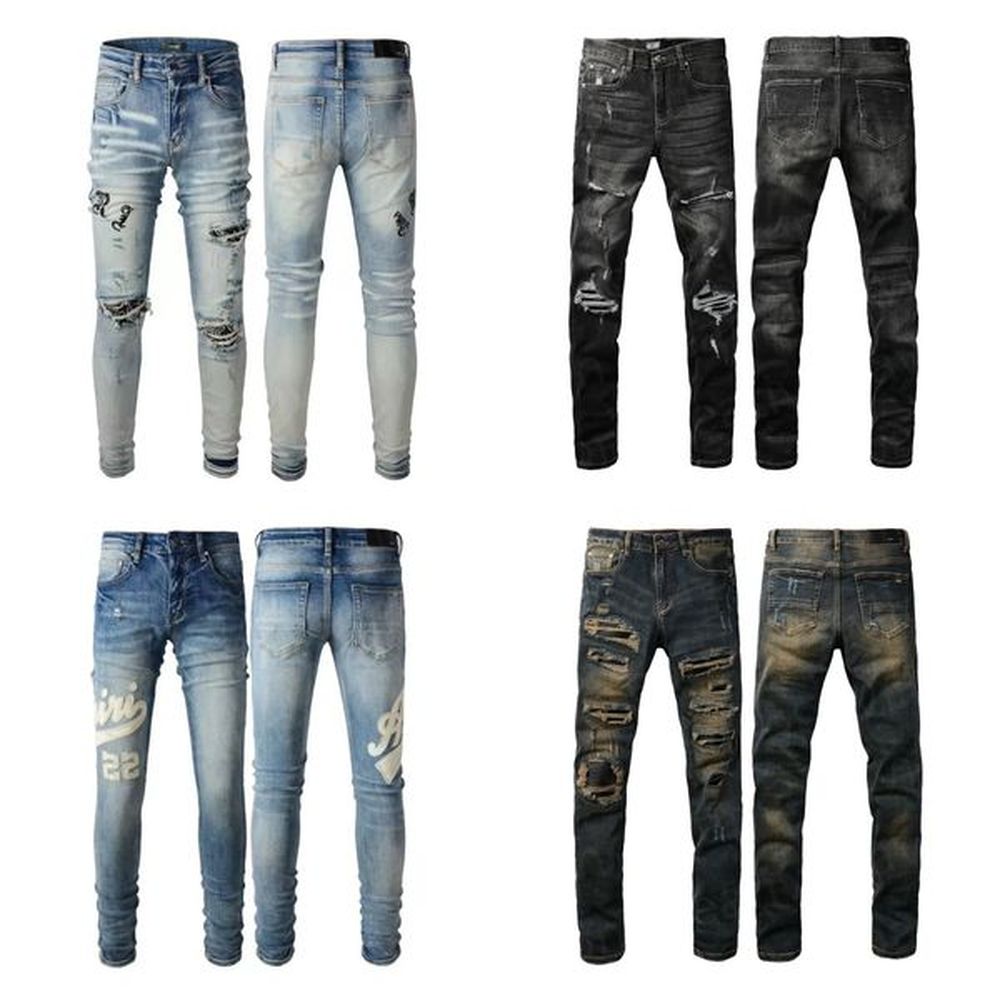 Amirriis designer jeans Mens jeans High Street Hole Star Patch Men's womens am star embroidery panel trousers stretch slim-fit trousers
