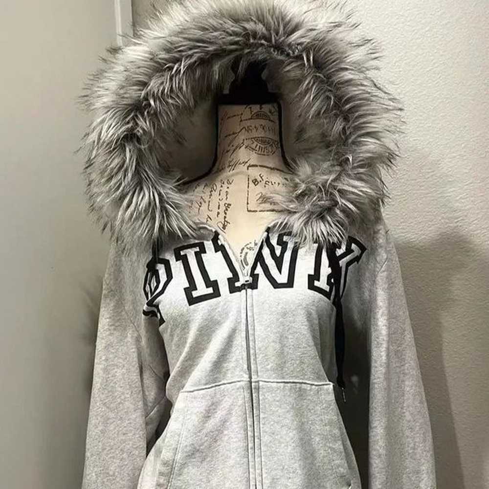 annual yk letter printed plush collar hooded zipper jacket womens