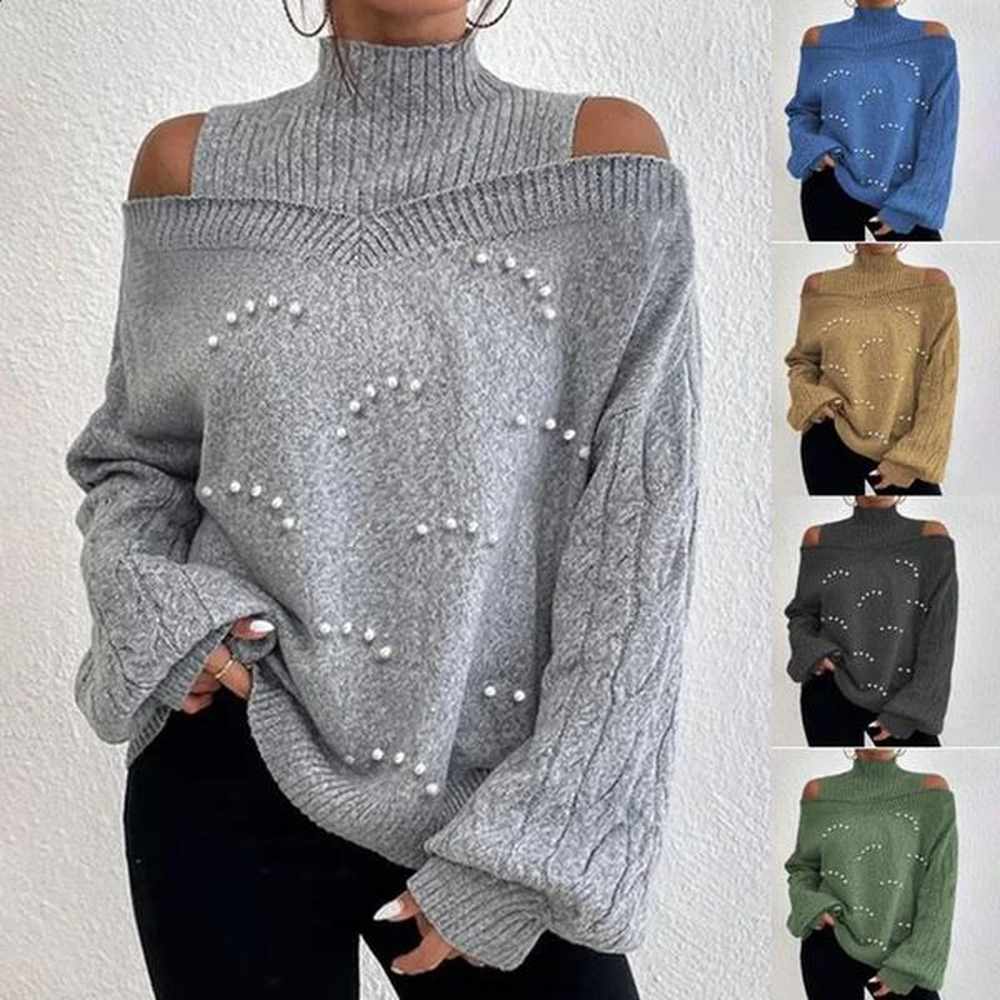 aoaiiys sweater women pullovers knitted pearls long sleeve off shoulder