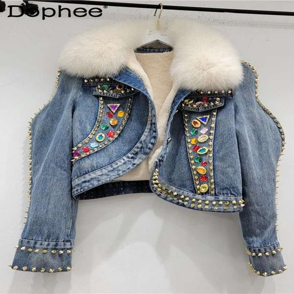 artificial fur winter denim jacket for women thick cotton lining