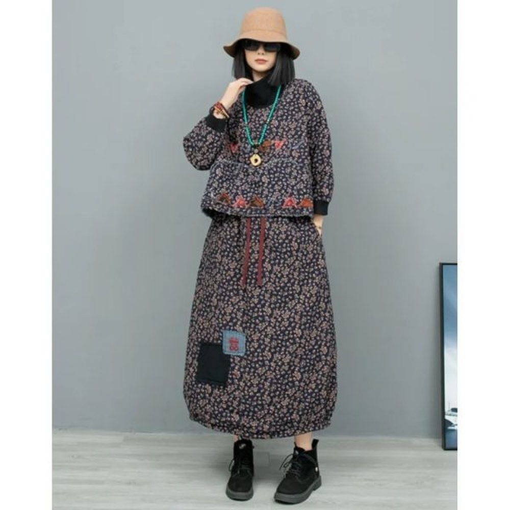 artistic style floral cotton linen clip high neck coat half