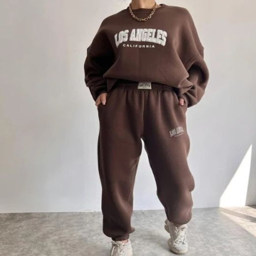Athleisure 2 Piece Set Outfit Long Sleeved Letter Printed ONeck Pullover High Waisted Pocket Pants Womens Sportswear 241204