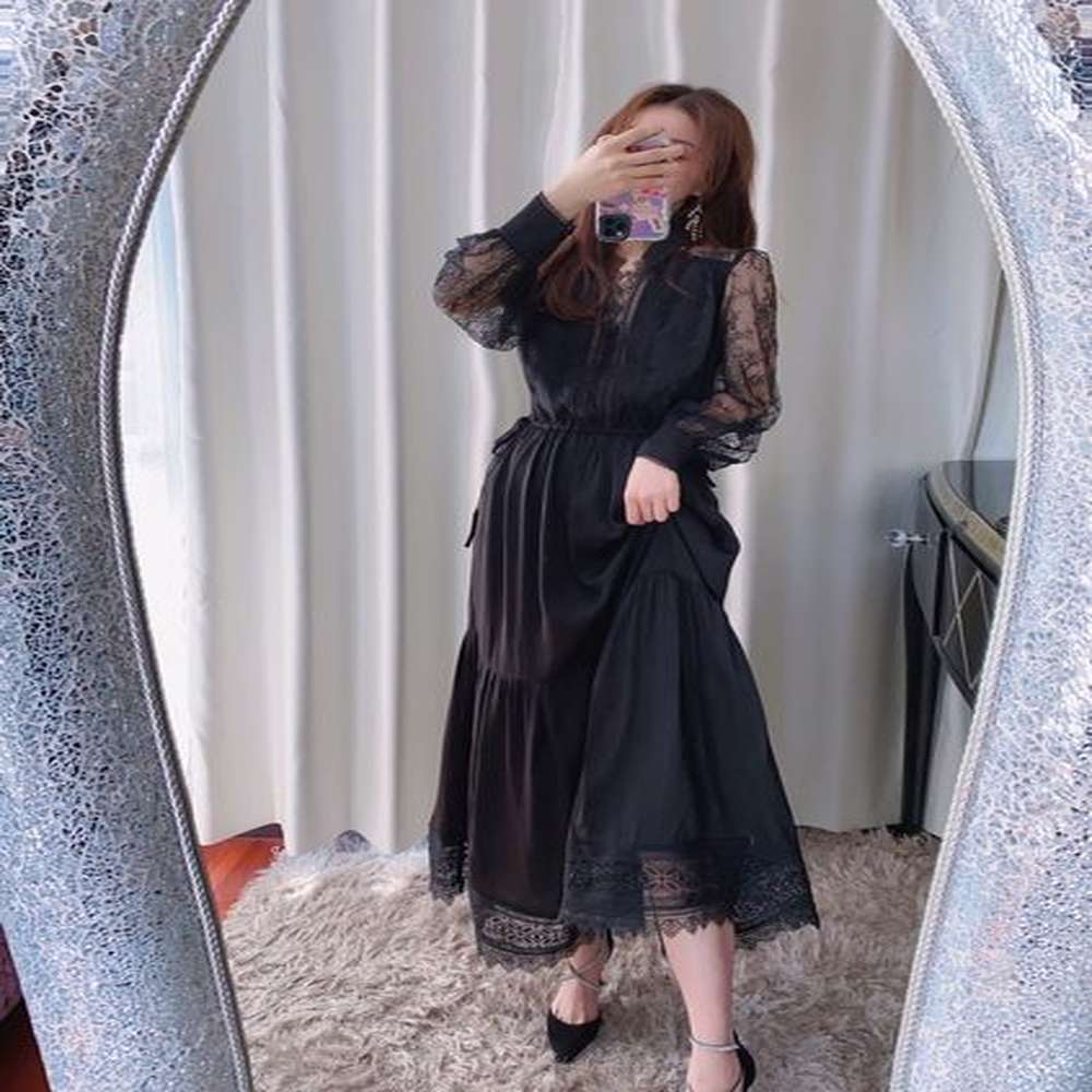 auto self portrait black drawstring long sleeve lace panel sexy