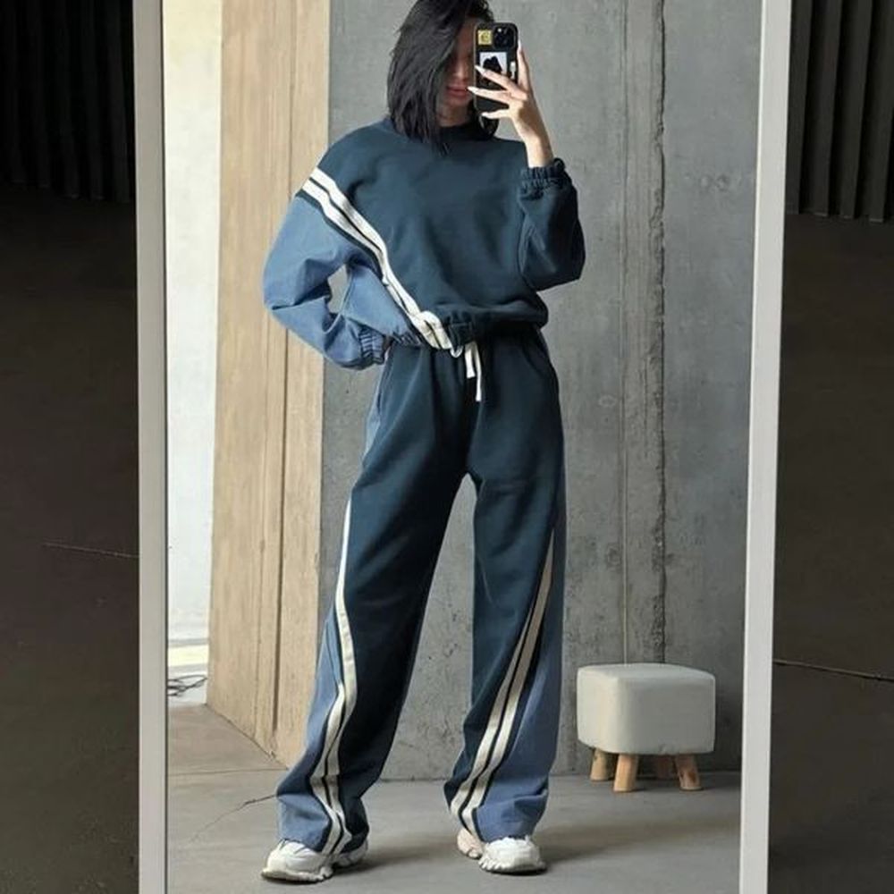 autumn and winter casual blue patch set for women piece