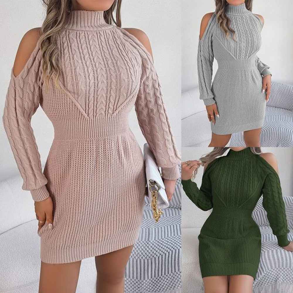 autumn and winter casual offshoulder halfhigh collar lantern sleeve