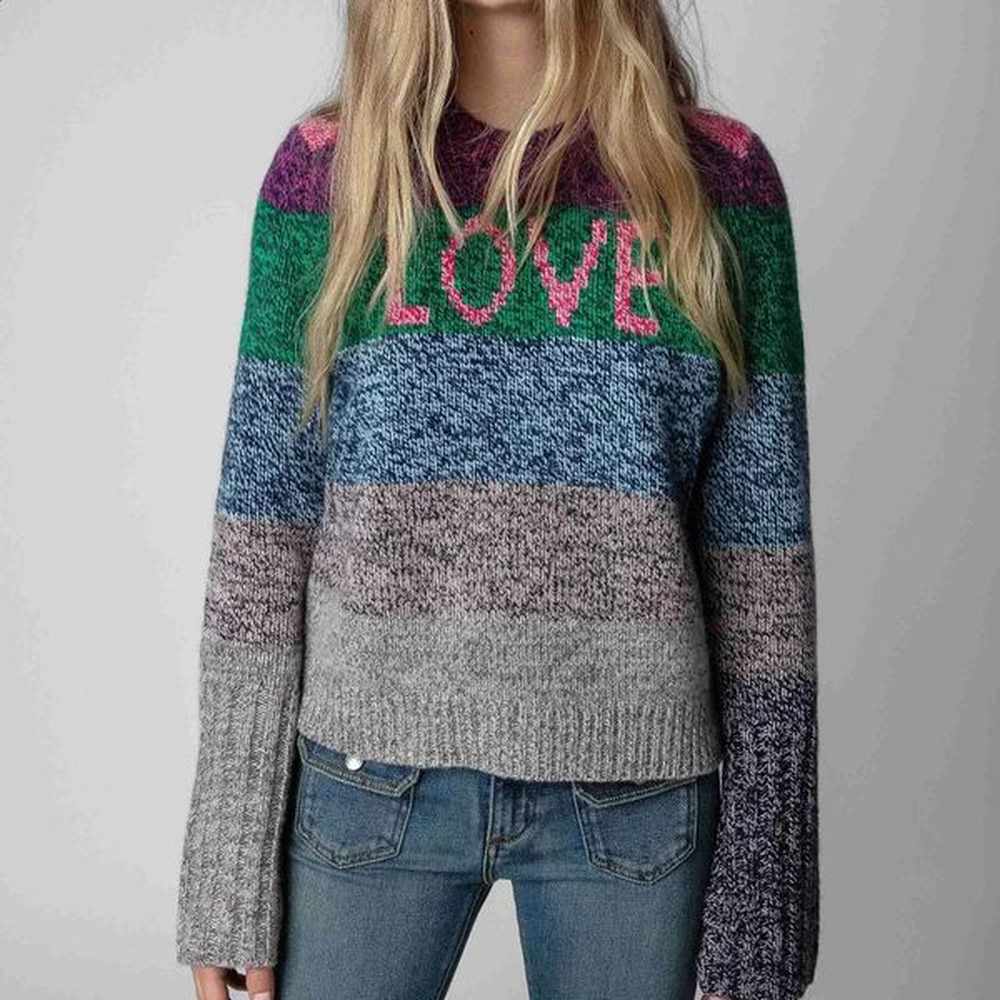 autumn and winter color block letter pattern round neck sweater